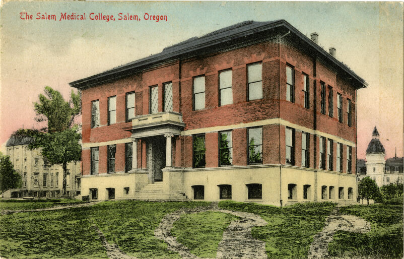 Colorized postcard of the Willamette Medical College, a three-story brick building with pillars on either side of the door. Red lettering in the upper left-hand corner reads "The Salem Medical College, Salem, Oregon".