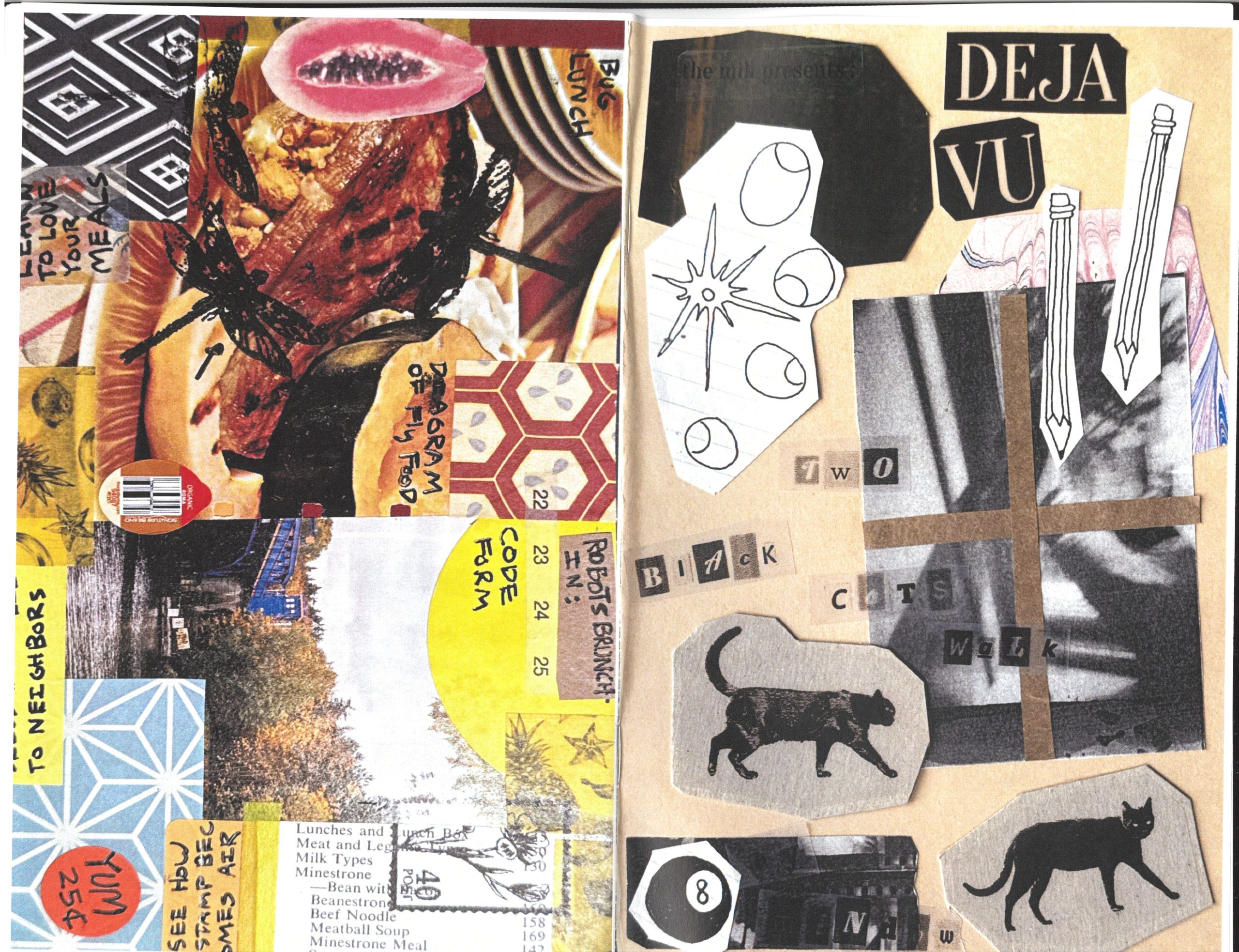 Scan of the Mill Literary Magazine from 2025 with multicolored collage covers
