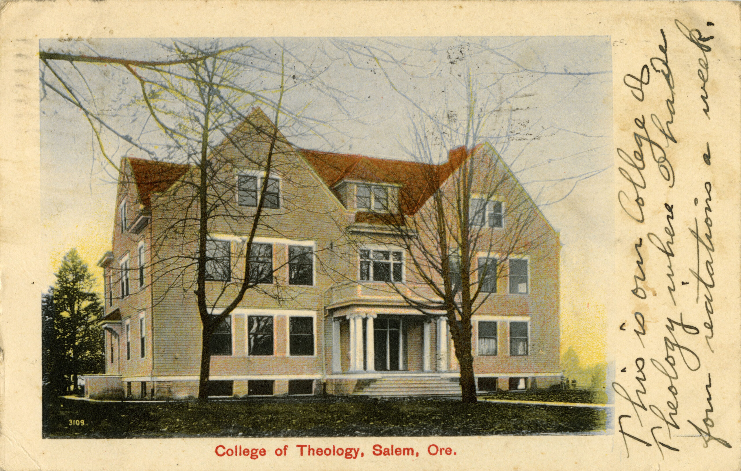 Color postcard of the Kimball School of Theology, a multi-story house structure, during the winter.